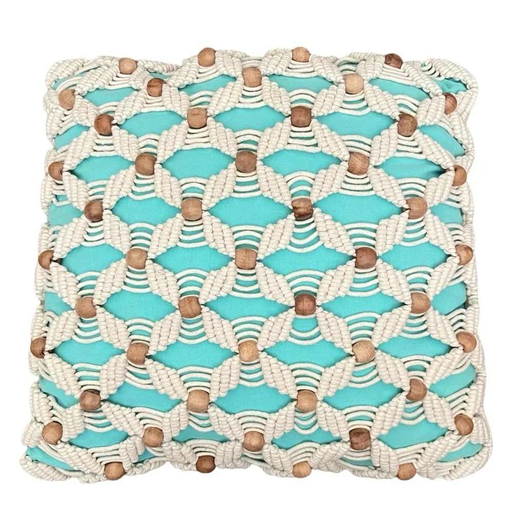Set of 2 Teal Turquoise Rope and Wooden Beads Pillows.